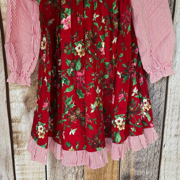 Rare Editions Dress Vintage Girls Christmas Red Floral Striped Cotton Made USA 6 - Picture 6 of 7